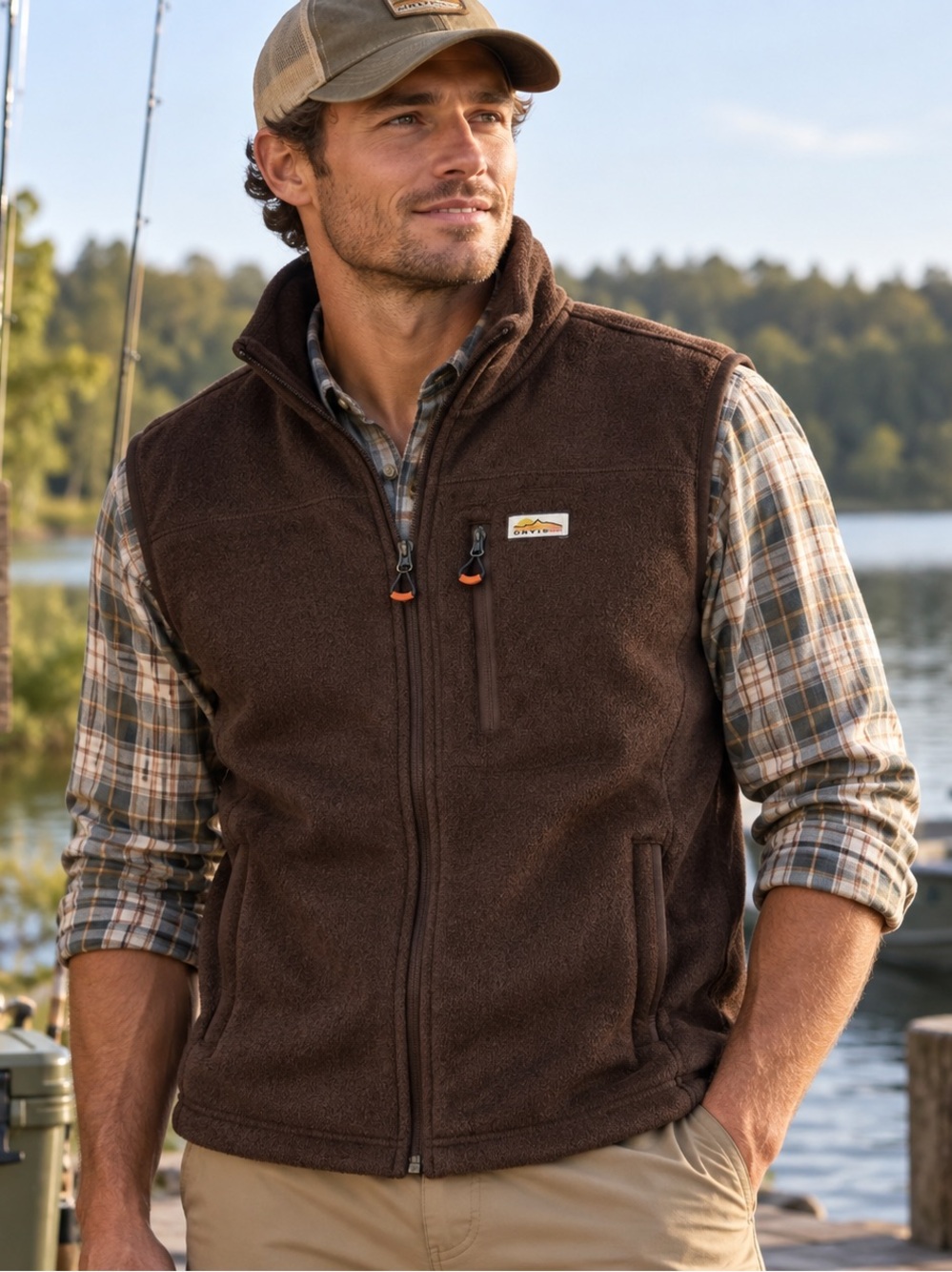 Orvis Men’s Full Zip Fleece Brown Vest Sweater Knit Outdoor Fishing Hiking L